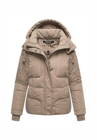 Beige gepolsterte Jacke mit Kapuze, Frontreißverschluss und Druckknöpfen. Hat eine gesteppten Struktur und zwei große Fronttaschen.