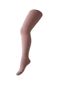 Chaussettes montantes à côtes, fabriquées en tissu doux de couleur rose poussiéreux, avec une texture lisse et une conception de pointe arrondie.