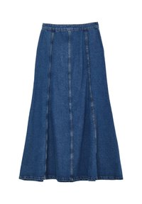 Jupe en denim bleu de forme A avec des coutures verticales visibles et une taille ajustée, présentée à plat sur un fond blanc.