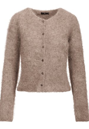 Løs, beige cardigan med lange ermer, rund hals og frontlukking med fire mørke knapper. Mykt, teksturert stoff.