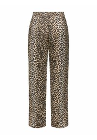 Pantalon à imprimé léopard avec une coupe décontractée, une ceinture élastique et une texture lisse. Le tissu présente des nuances alternées de brun et de noir.