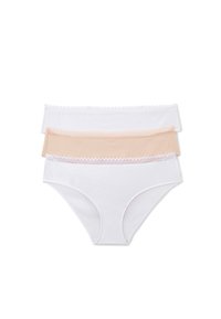 Trois paires de culottes en coton pour femmes, en blanc et couleur chair, avec une bordure en dentelle le long de la taille et une texture douce et lisse.