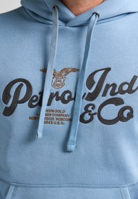 Sudadera azul claro hecha de un tejido suave. Presenta texto oscuro y un águila bordada en dorado. Incluye cordones ajustables y un bolsillo frontal.
