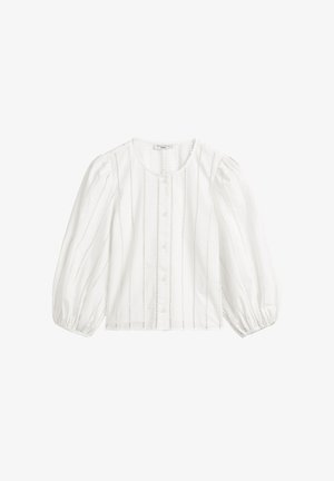 Weiße Bluse mit vertikalen Lochstickstreifen, langen aufgepufften Ärmeln, rundem Ausschnitt und Knopfleiste vorne.