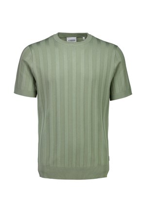 Korte mouwen, gebreide trui met ronde hals in lichtgroen, met verticale ribbelstructuur en een getailleerde zoom. Gemaakt van zacht stof.