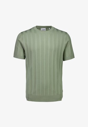 Korte mouwen, gebreide trui met ronde hals in lichtgroen, met verticale ribbelstructuur en een getailleerde zoom. Gemaakt van zacht stof.