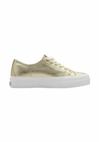 Gold metallic casual sneakers with a textured surface, round toe, white platform sole, and six eyelets for laces.