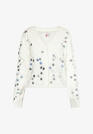 Biele nadýchané kardigán s V-výstrihom, zdobený oblými flitrami v rôznych farbách. Má dlhé rukávy a skrátený strih.