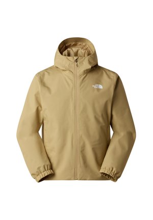 Beige lightweight jacket with a hood, elastic cuffs, front zipper, and a white logo. Made of water-resistant material, ideal for outdoor use.