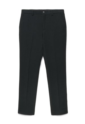 Pantaloni eleganti neri su misura con chiusura a bottone e zip, passanti per cintura e tasche anteriori, mostrati stesi su sfondo bianco.