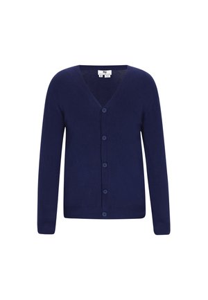 Marineblauer Cardigan aus weichem Material, mit V-Ausschnitt, langen Ärmeln und einer Vorderseite mit sechs Knöpfen. Glatte Textur mit schlichter Gestaltung.