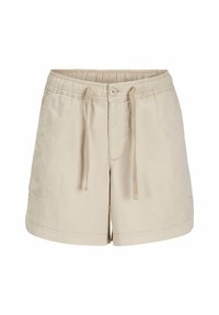 Pantalones cortos de algodón beige con cintura elástica, cierre de cordón y bolsillos laterales; tejido ligero, corte relajado y textura suave.