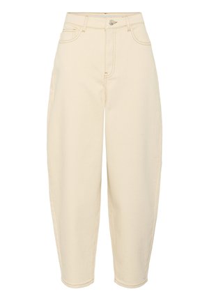 Beige high-waisted jeans with a loose fit. Features five pockets, front zipper, and button closure. Made from sturdy cotton fabric.