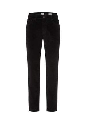Pantalon en velours côtelé noir à jambes droites avec poches avant, passants de ceinture et fermeture à boutons, présenté sur fond blanc.