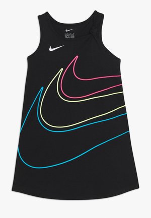 Sort ærmeløs Nike-kjole til børn med farverige swoosh-linjer i pink, gul og blå på forsiden.
