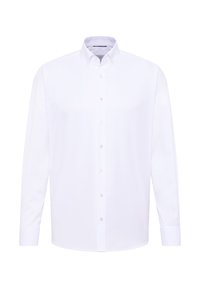 Witte langemouwen blouse met een klassieke kraag, gemaakt van soepel stof, met witte knopen en een rechte zoom.