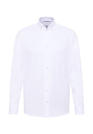 Hvid langærmet skjorte med knapper og klassisk krave, lavet af glat stof, med hvide knapper og lige kant.