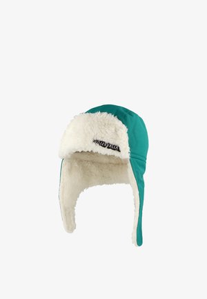 Teal winter hat with a white faux fur lining, ear flaps, and a black label, featuring a rounded top and soft texture.