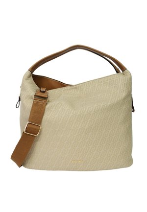 Borsa firmata beige con rifiniture in pelle, tracolla regolabile marrone, motivo sottile e logo dorato "LIU JO" sul davanti.