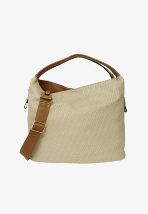 Borsa firmata beige con rifiniture in pelle, tracolla regolabile marrone, motivo sottile e logo dorato "LIU JO" sul davanti.
