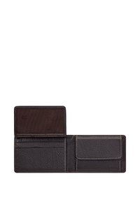 Donkerbruin leren bifold-portemonnee open, met kaartsleuven aan de linkerkant en een muntenzakje met flap aan de rechterkant, witte stiksels.