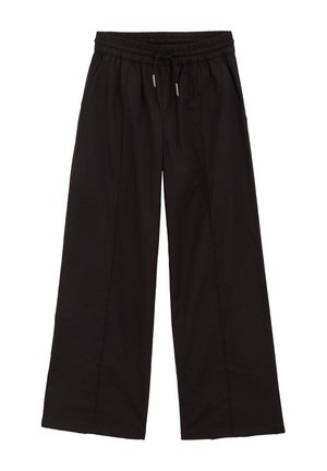 Schwarze, weit geschnittene Hose aus weichem Stoff, mit elastischem Bund und Kordelzug sowie zwei seitlichen Taschen.