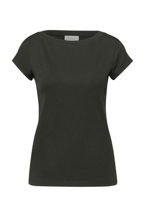 Damska dopasowana koszulka z krótkim rękawem w ciemnozielonym kolorze, z okrągłym dekoltem, wykonana z prążkowanej tkaniny z kolekcji Street One Studio.