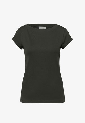 Tmavě zelené dámské tričko s krátkým rukávem a kulatým výstřihem, vyrobené z žebrované látky od Street One Studio.