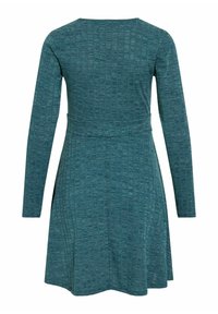 Teal long-sleeve dress with a textured pattern, waist belt, and flared skirt. Made of a soft, stretchy fabric. Back view shown.