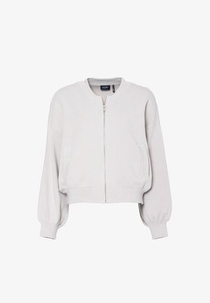 Jasnoszara kurtka bomber z zamkiem błyskawicznym, z długimi bufkami, prążkowanymi mankietami, dwoma przednimi kieszeniami i prążkowanym kołnierzem.