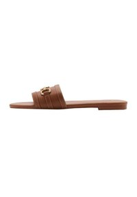 Brown leather slide sandal with two wide straps, featuring decorative stitching and a gold-tone buckle accent. Flat sole design.