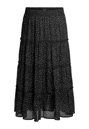 Sort lagdelt midi-nederdel med hvide polkaprikker, smocket taljebånd og flæsekantede sømme, lavet af let, gennemsigtigt stof.
