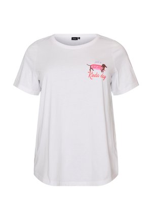 T-shirt bianca a maniche corte con una piccola grafica di un bassotto dentro un panino per hot dog e la scritta "just a hot dog kinda day" sul petto.