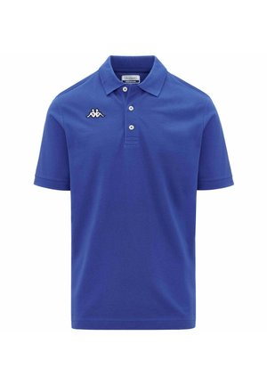 Polo shirt blu in cotone, con un colletto a due bottoni, maniche corte e un logo ricamato sul petto. Texture liscia.