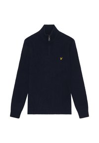 Suéter de punto acanalado azul marino con un cuello alto, que presenta una cremallera y un pequeño logo de águila amarilla en el lado izquierdo del pecho.
