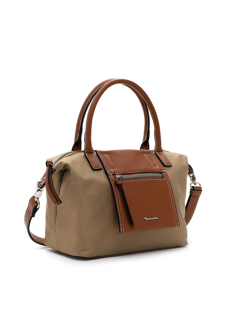 Bolso sintético marrón con cuerpo en contraste en color beige, textura suave, asas dobles y un bolsillo con cremallera en la parte delantera. Incluye una correa de hombro ajustable.