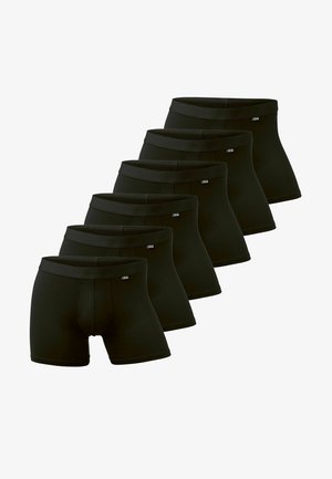 Sæt af sorte bomuldsboxerbriefs, med en komfortabel elastik og en tætsiddende pasform, vist i en række. Seks par inkluderet.