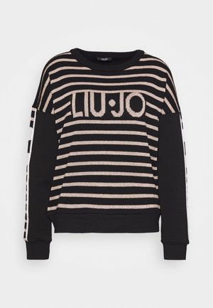 Sort og beige stribet sweater med "LIU JO" logo på brystet, sorte ærmer med hvide og beige stribedetaljer langs armene.
