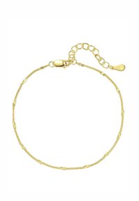 Pulsera de oro con un diseño de cadena delicada que presenta enlaces texturizados alternados y un cierre de langosta, ajustable con un extensor de cadena.