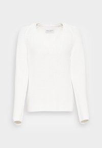 Biały dziany sweter z okrągłym dekoltem, długimi rękawami, teksturowaną tkaniną oraz prążkowanymi detalami na mankietach i dole. Widoczna metka marki.