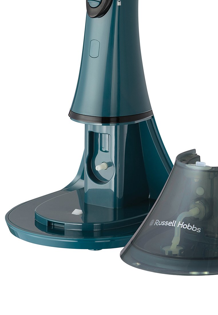 Fer à repasser à vapeur électrique teal avec un design courbé, des accents noirs, un réservoir d'eau transparent et une marque Russell Hobbs sur la base.