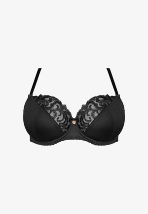 Fekete, merevítős melltartó, a tetején texturált csipkével, sima szövet alappal, állítható pántokkal és középen díszítő elemmel.