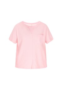 Tricou roz cu mânecă scurtă, realizat dintr-un material texturat, cu un mic buzunar pe piept și un guler rotund. Design ușor și casual.