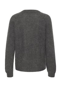 Mørkegrå sweater med en blød tekstur, der har lange ærmer og en rund halsudskæring. Enkel, unpræget design.
