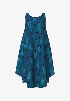 Ærmeløs kjole i mørkeblå stof med et blomsterprint i blågrøn og sort. A-formet med en længere bagkant. Glat tekstur.