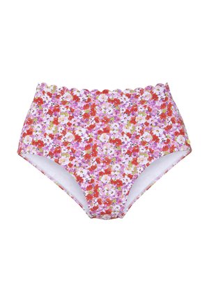 Hochgeschnittene Bikinihose im floralem Muster mit Nuancen von Pink, Rot und Grün. Mit gewellten Kanten und glatter Innenauskleidung.