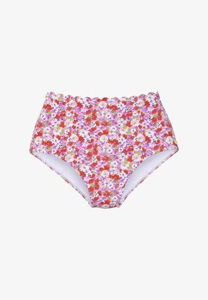 High-waisted bikini bottom in floral pattern featuring shades of pink, red, and green. Scalloped edges and smooth interior lining.