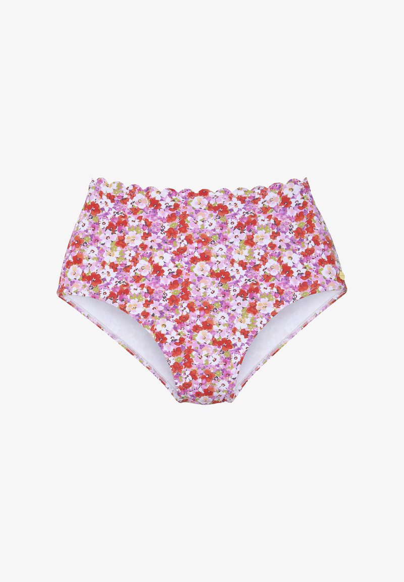 Hochgeschnittene Bikinihose im floralem Muster mit Nuancen von Pink, Rot und Grün. Mit gewellten Kanten und glatter Innenauskleidung.
