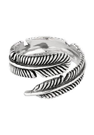 Silver ring designed with detailed feather motifs curling around the band, stamped "JGJ 925" inside.