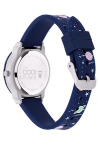 Blaues Silikonarmband mit Planeten- und Sterngrafiken, silberner Edelstahl-Gehäuseboden, wasserdicht, verstellbare Schnallenverschluss.